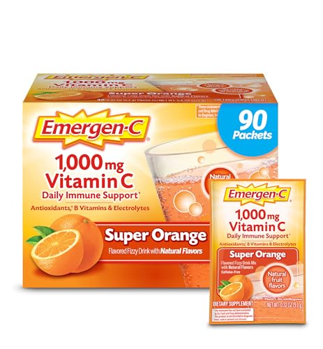 EmergenC 1000mg Vitamin C Powder for Daily Immune Support Caffeine Free Vitamin C Supplements with Zinc and Manganese B Vitamins and Electrolytes Super Orange Flavor 90 Count3 Month Supply - Image 1